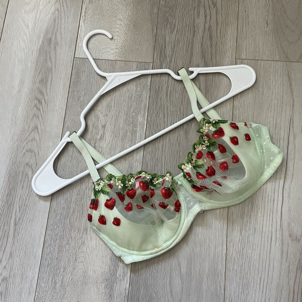 Victorias Secret Bra strawberry sheer balconette Green (Size 32DD) garden fairy